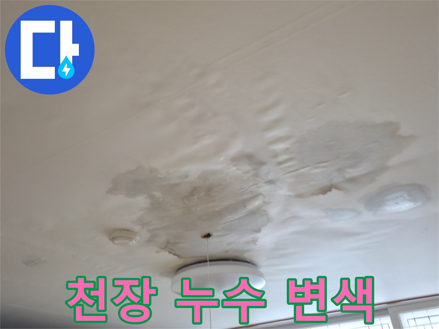 물샘으로 인해 변색되고 젖어 있는 천장 마감재 모습