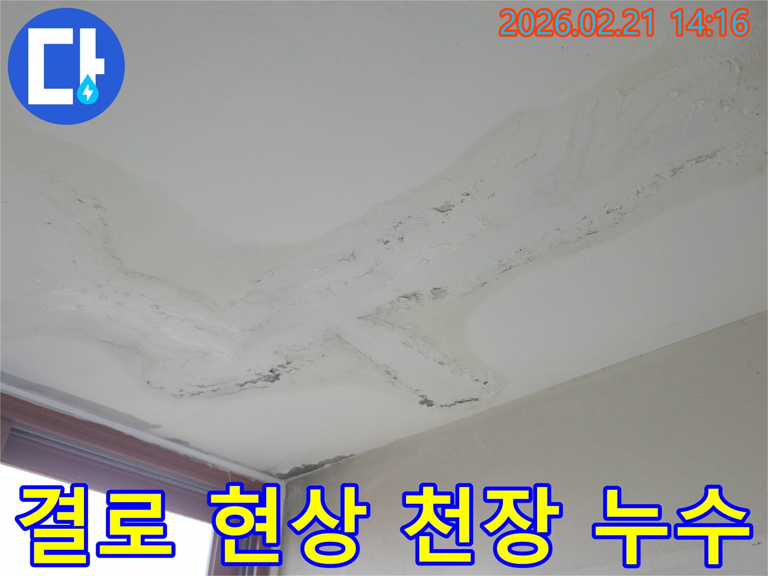 천장에 넓게 퍼진 물얼룩과 마감재 손상-결로 현상으로 인한 누수 피해 현장-정확한 진단으로 결로 방지 및 해결이 필요한 상황