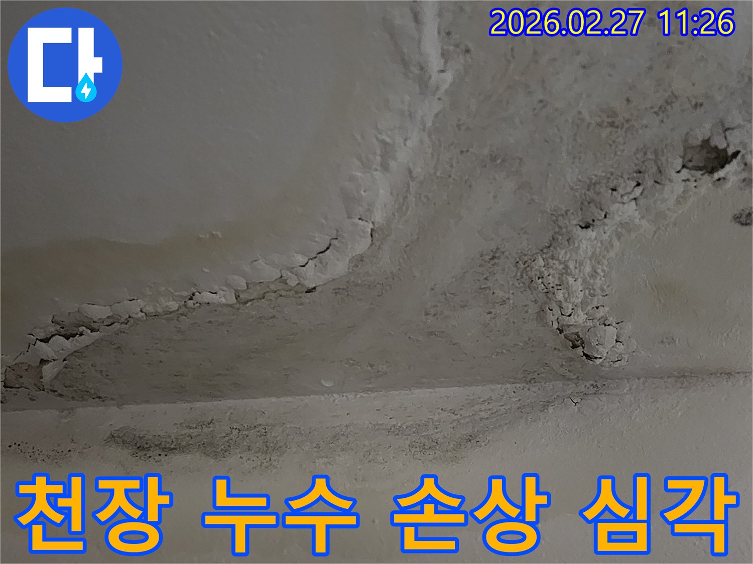 누수로-인해-천장-전반에-걸쳐-심각한-손상이-발생하여-전문가의-정밀-진단이-필요한-상황을-보여줍니다.