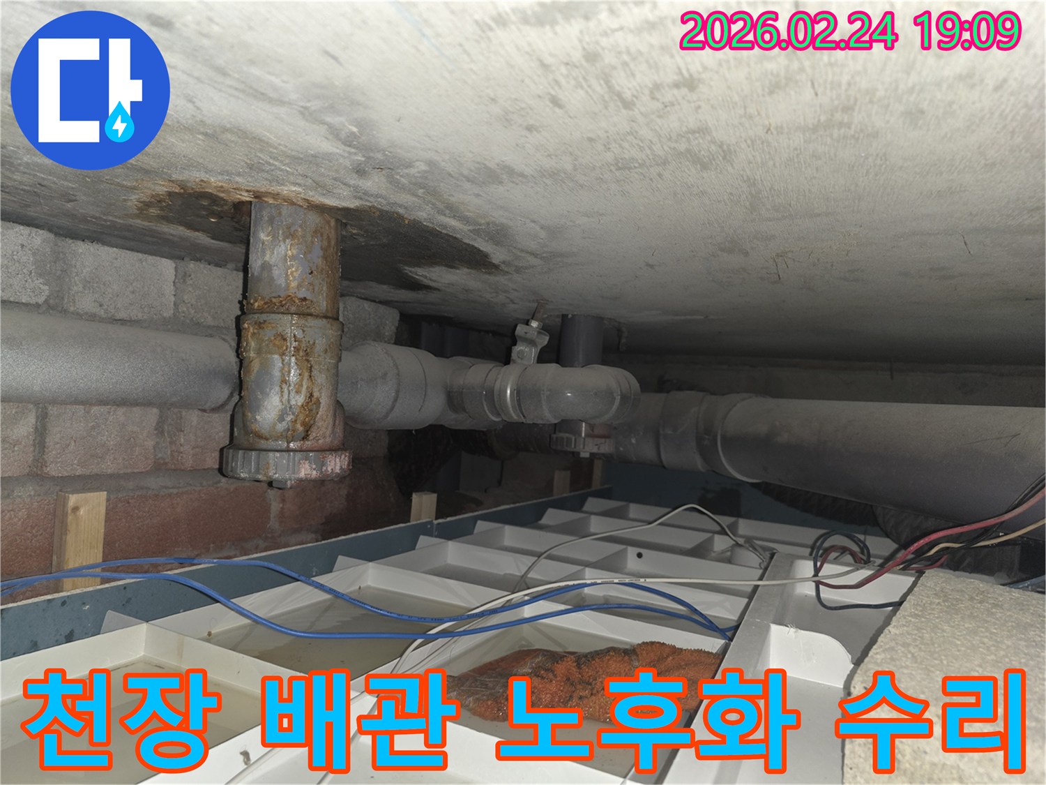 천장 아래의 낡은 배관에서 물이 새어 나와 임시 물받이에 고인 현장