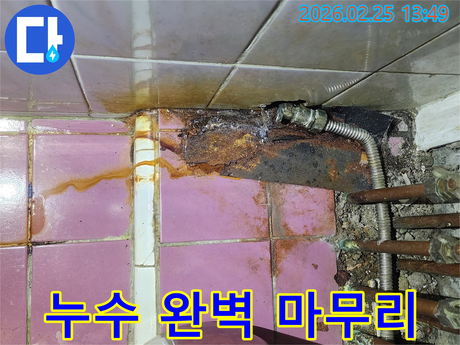 오래된 배관의 심각한 부식으로 인해-녹물이 흘러내리는 누수 현장을-완벽하게 마무리하기 위한 진단 사진입니다