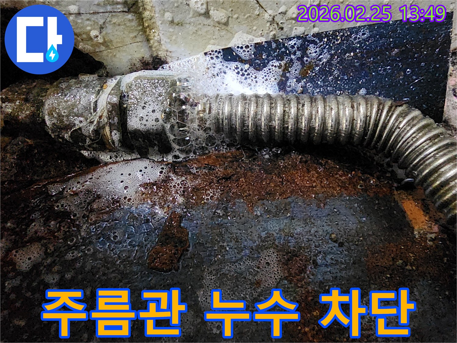 오래된 주름관에서 물이 새어-탐지액과 반응하여 거품이 발생하는-누수 현장