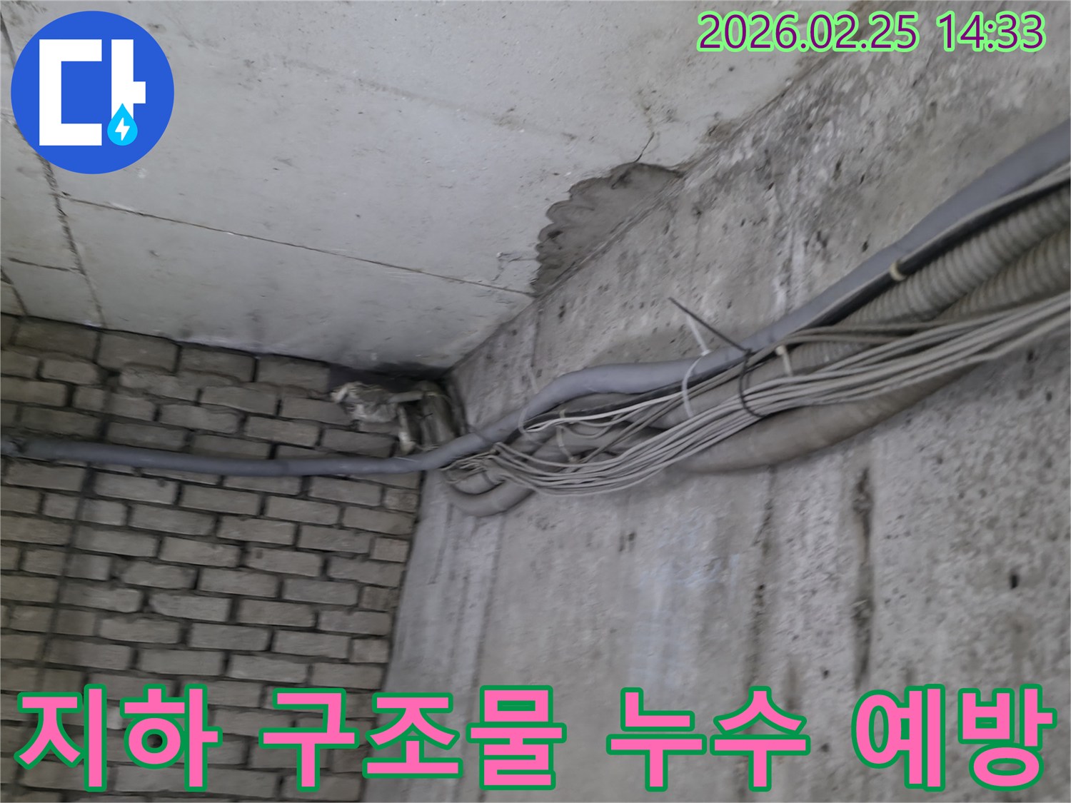 건물 지하의-콘크리트 벽과-벽돌 벽이 만나는-구석에서-발견된-누수 흔적과-복잡한 배관 시스템-그리고-구조물 손상