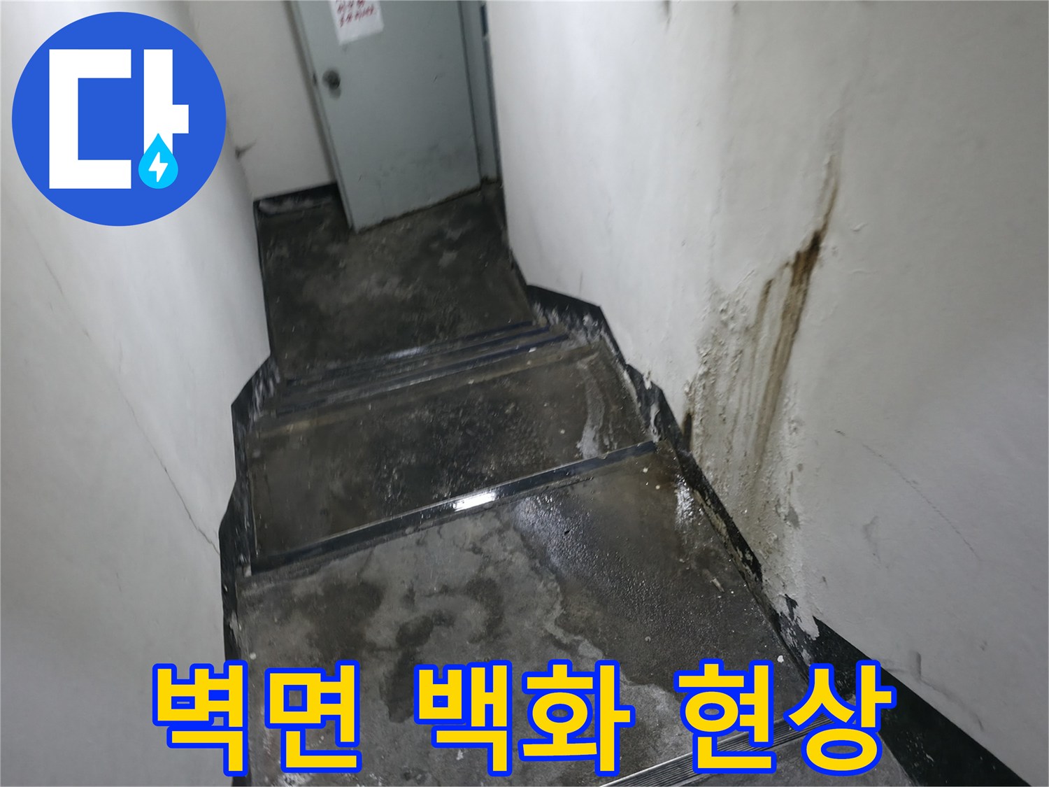 지하 계단실 벽면에 나타난 누런색 백화 및 오염 부위