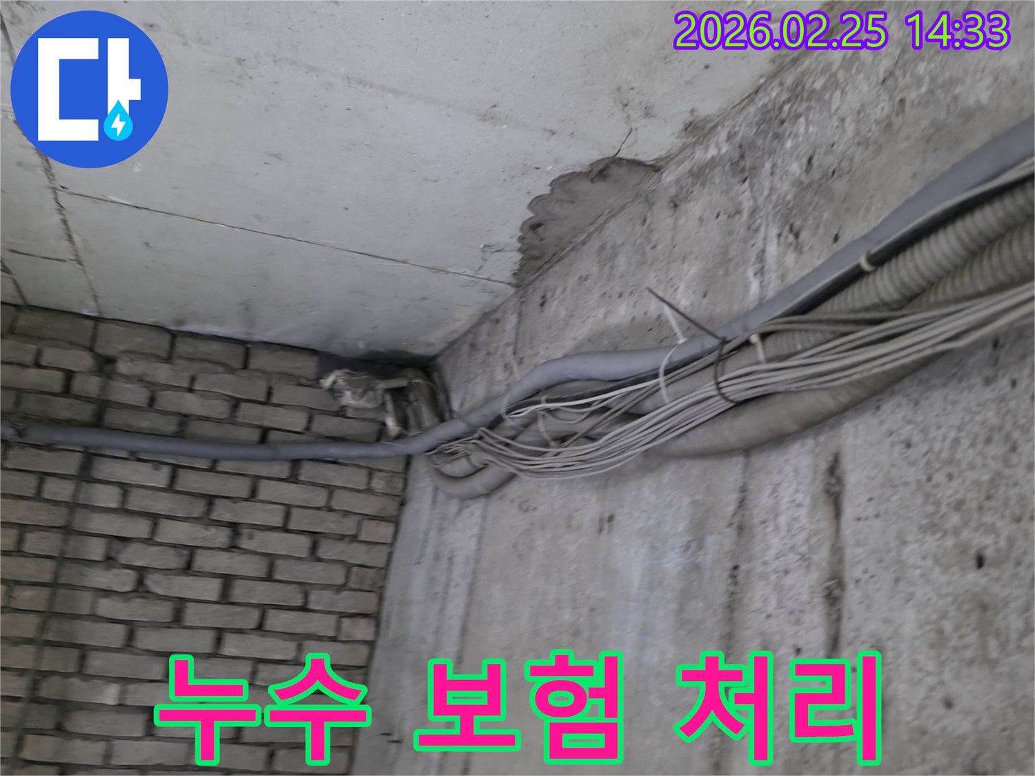 지하 벽면의-콘크리트와-벽돌 벽이 만나는-지점에서-발견된-오랜 누수로 인한-물자국과-주변의 복잡한 배관