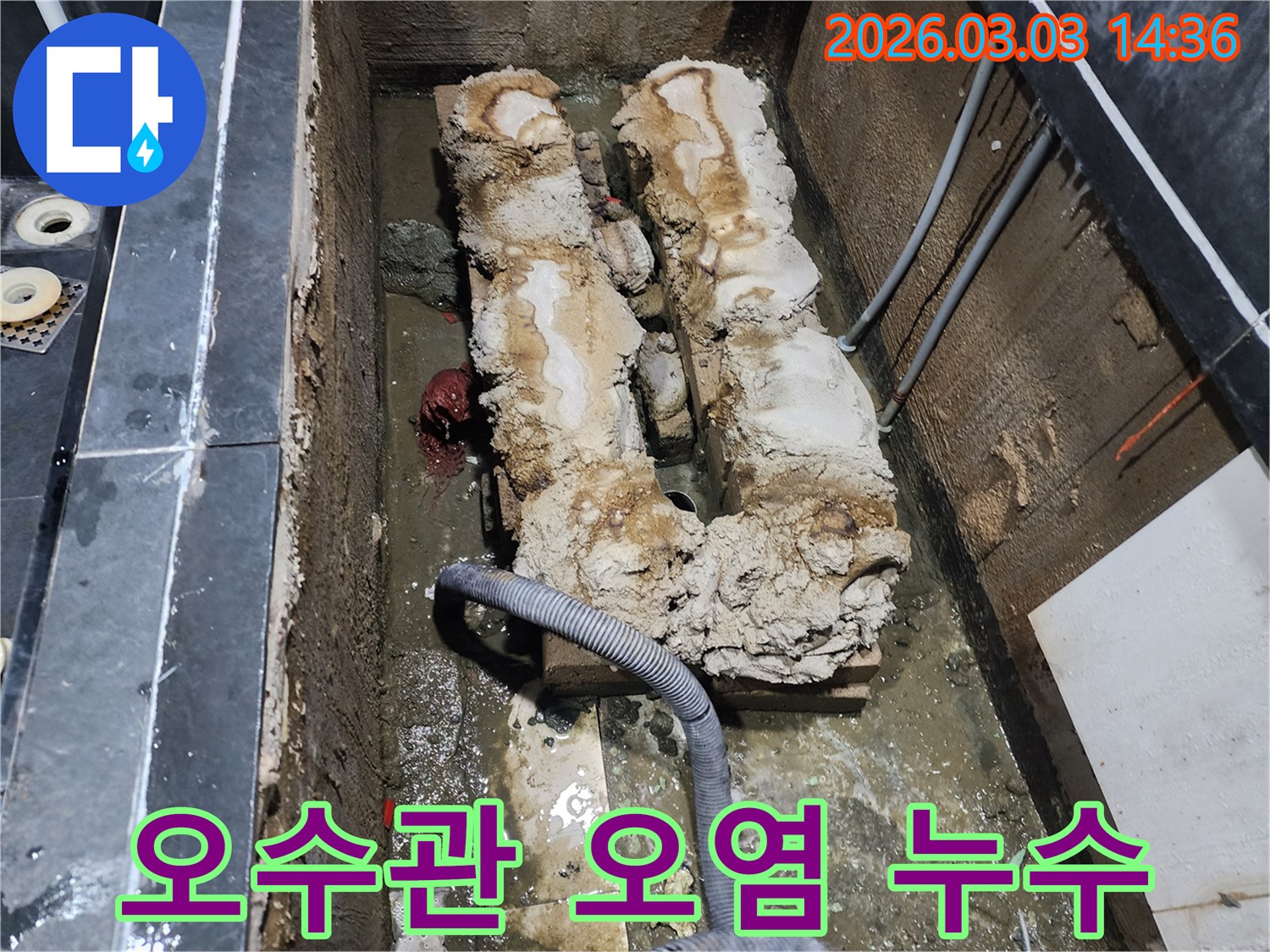 지하 오수관의 심각한 오염과 누수로 인해-환경 문제가 발생한 현장입니다
