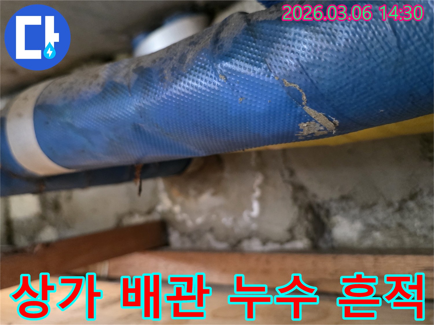 상가 건물 지하-파란색 배관과-젖은 콘크리트 벽면-그리고 나무 지지대를-정밀하게 점검하는 모습