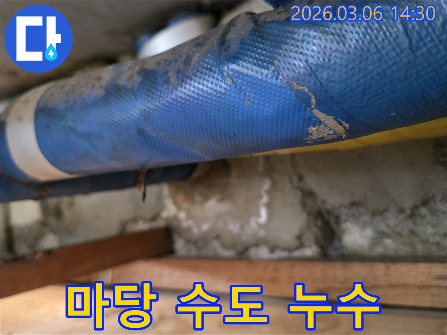 주택 마당 하부-파란색 수도 배관과-젖은 흙벽면-그리고 나무 지지대를-정밀하게 점검하는 모습