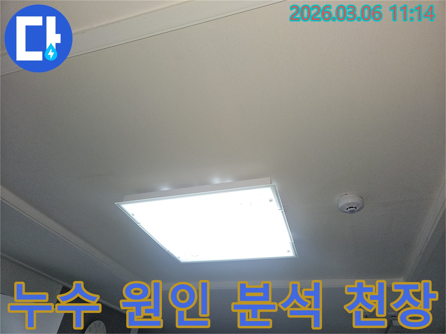 부천 오정구 아파트 천장 누수-원인 분석을 위해 점검하는 이미지입니다-천장등과 화재감지기가 설치된 깨끗한 천장입니다