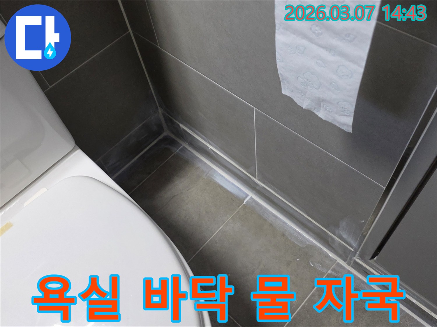 욕실 바닥 타일 경계에서 발견된 물 자국-누수 발생으로 인한 습기 침투의 명확한 증거