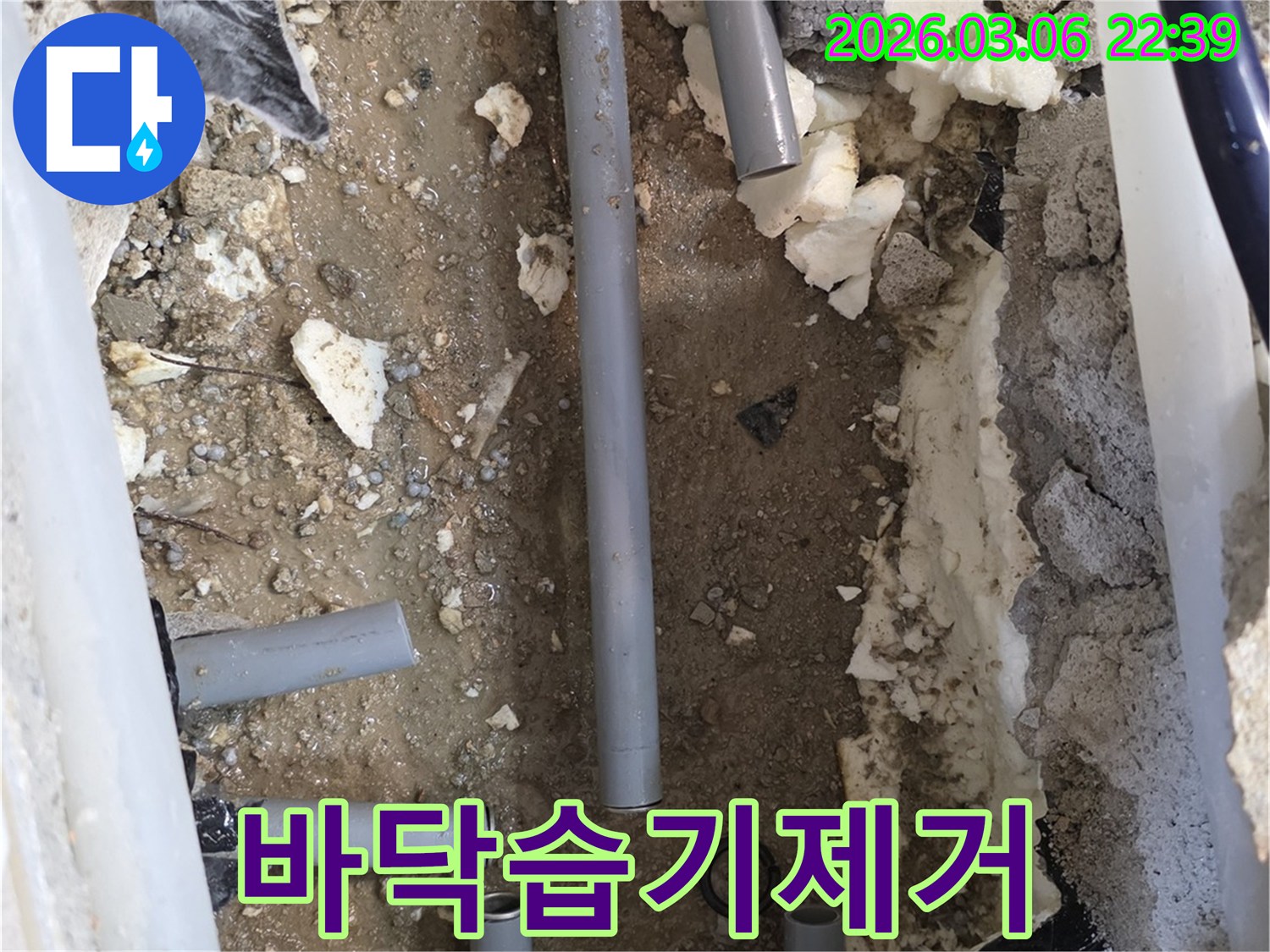 주택-누수로-인한-바닥-습기-문제를-해결하기-위해-누수-지점을-찾아내고-배관을-수리한-후-습기를-제거하는-현장