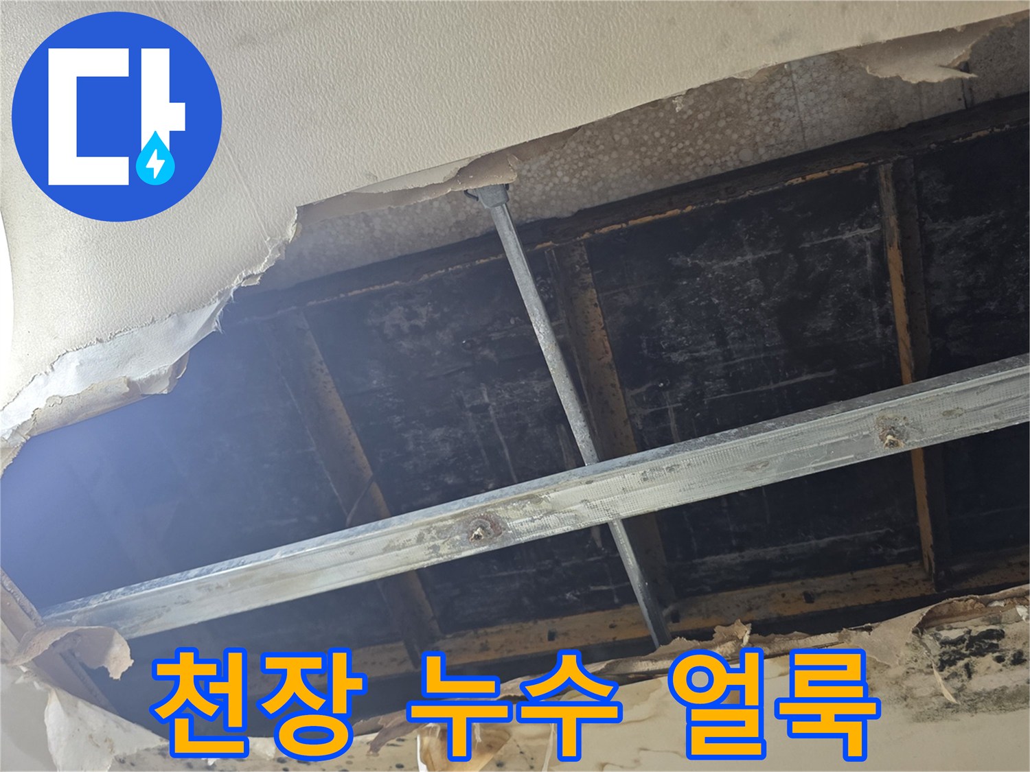 원주 판부면 아파트 천장 내부의 누수 흔적과 오염된 마감재 모습