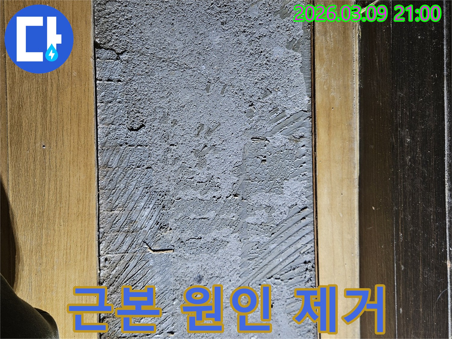 누수 원인을 근본적으로 제거하기 위해-바닥 마루를 제거하고-시멘트층을 파쇄하는-작업을 진행하고 있습니다.