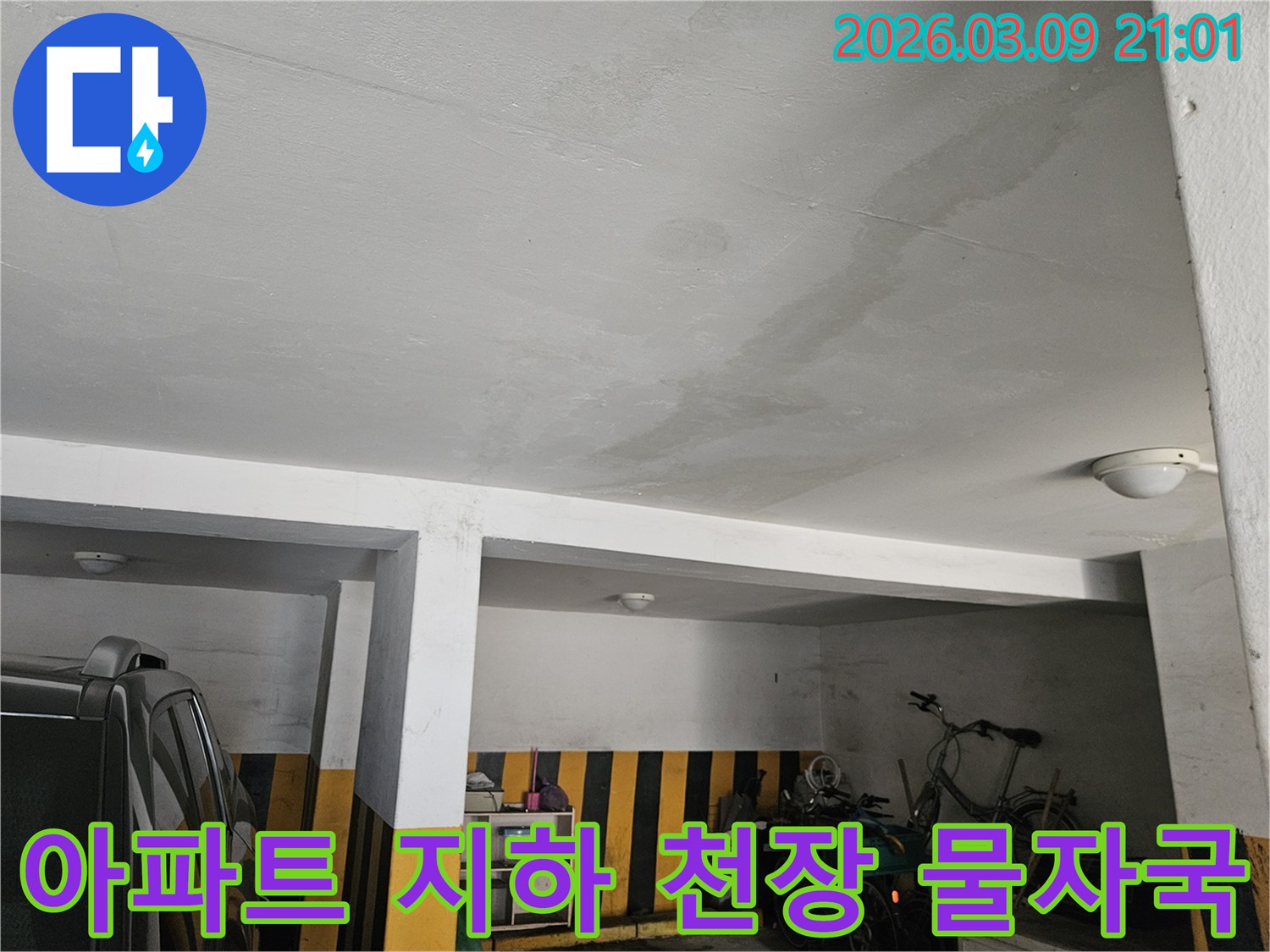 아파트 지하 주차장 천장에 물이 새어 생긴 젖은 자국-정확한 누수 지점 파악이 필요합니다