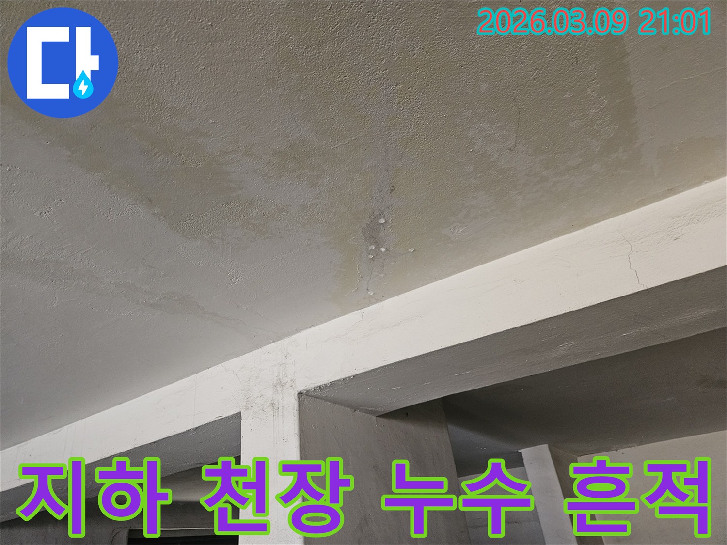 지하 주차장-또는 창고의-콘크리트 천장에서-물이 새는-누수 현장을-보여주는-사진입니다.