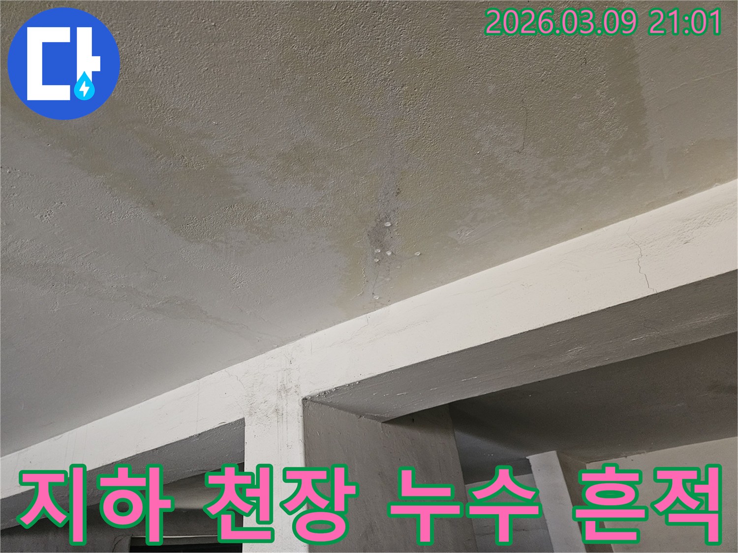 지하 주차장-또는 창고의-콘크리트 천장에서-물이 새는-누수 현장을-보여주는-사진입니다.