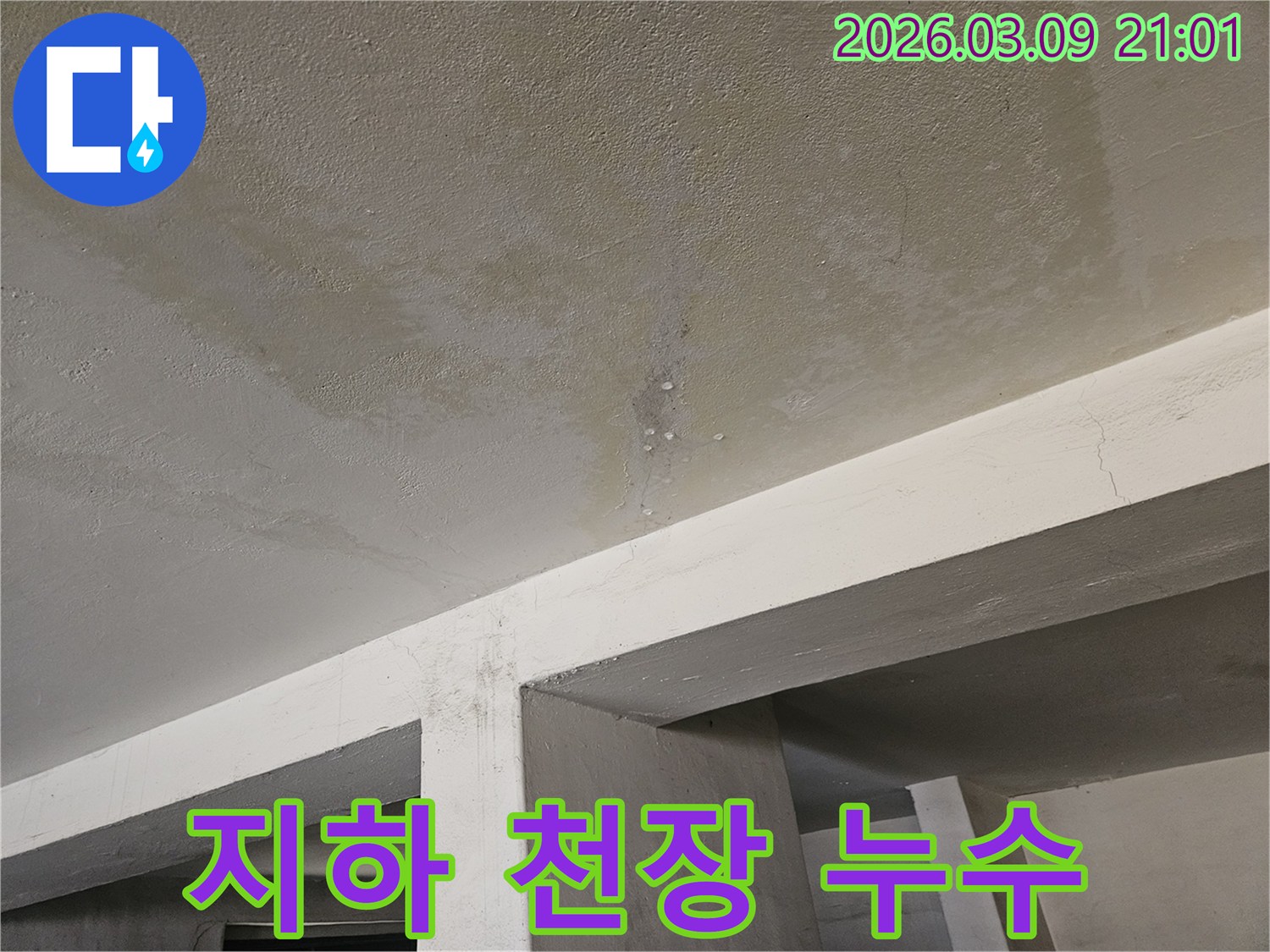 지하 주차장-또는 창고의-콘크리트 천장에서-물이 새는-누수 현장을-보여주는-사진입니다.