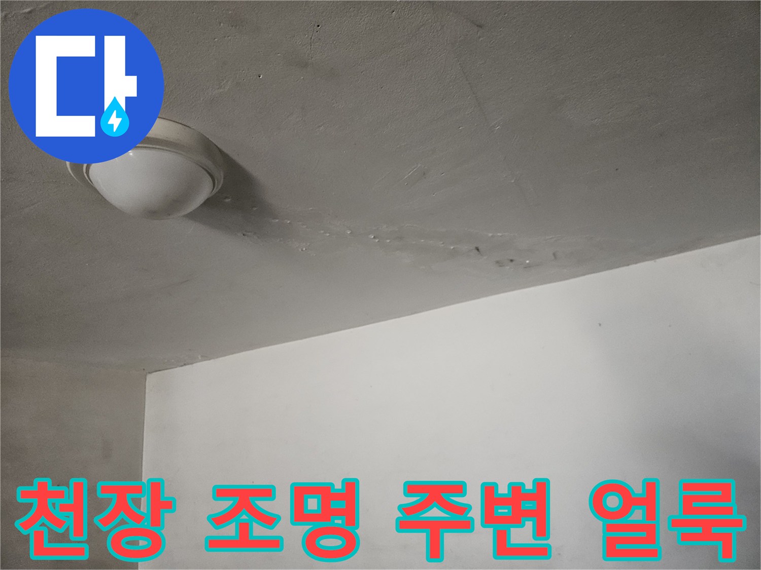 천장등 부근에 발생한 누수 흔적과 습기 상태