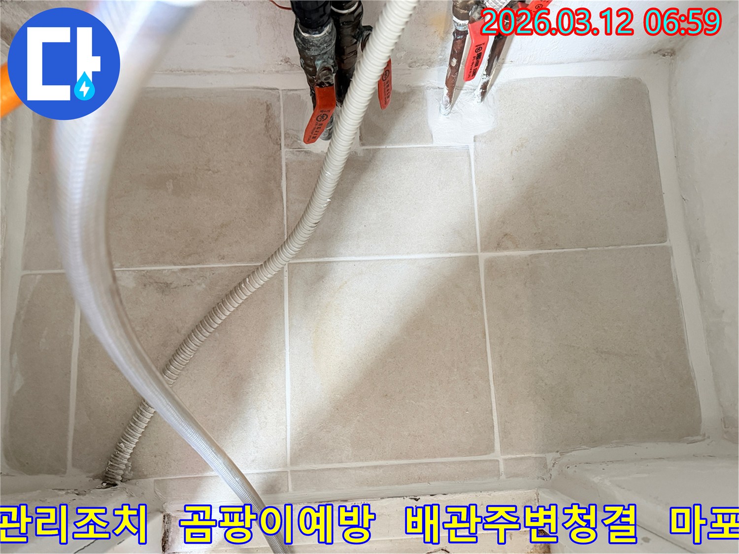 이 이미지는-전문 누수 엔지니어가-마포구 공덕동의-한 주택에서-배관 주변의-습기 관리와-곰팡이 예방 조치를-설명하는-모습을-보여줍니다