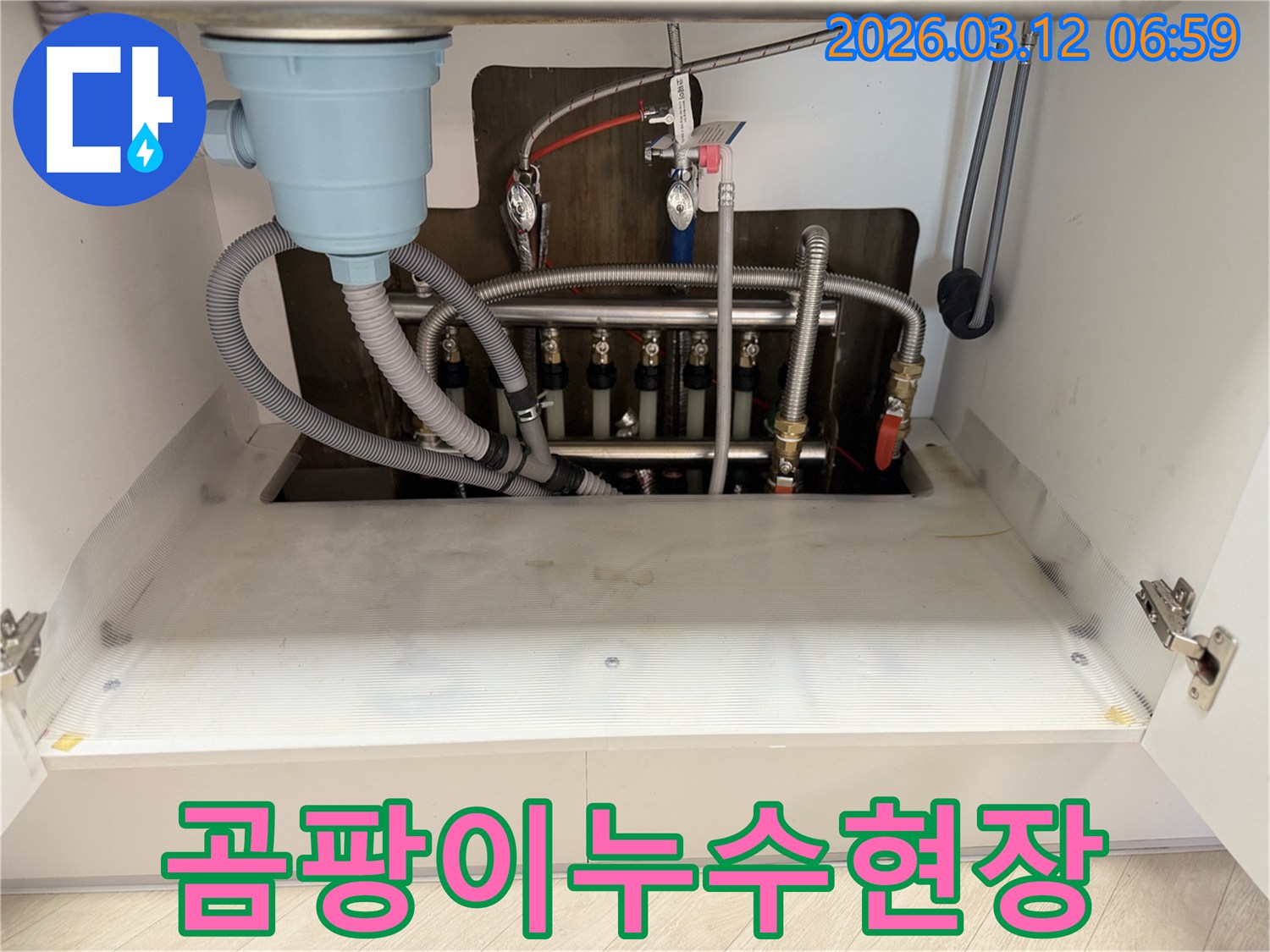 주방-싱크대-하부-곰팡이-발생-현장에서-누수-원인을-찾고-곰팡이-제거를-위해-점검하는-모습입니다.