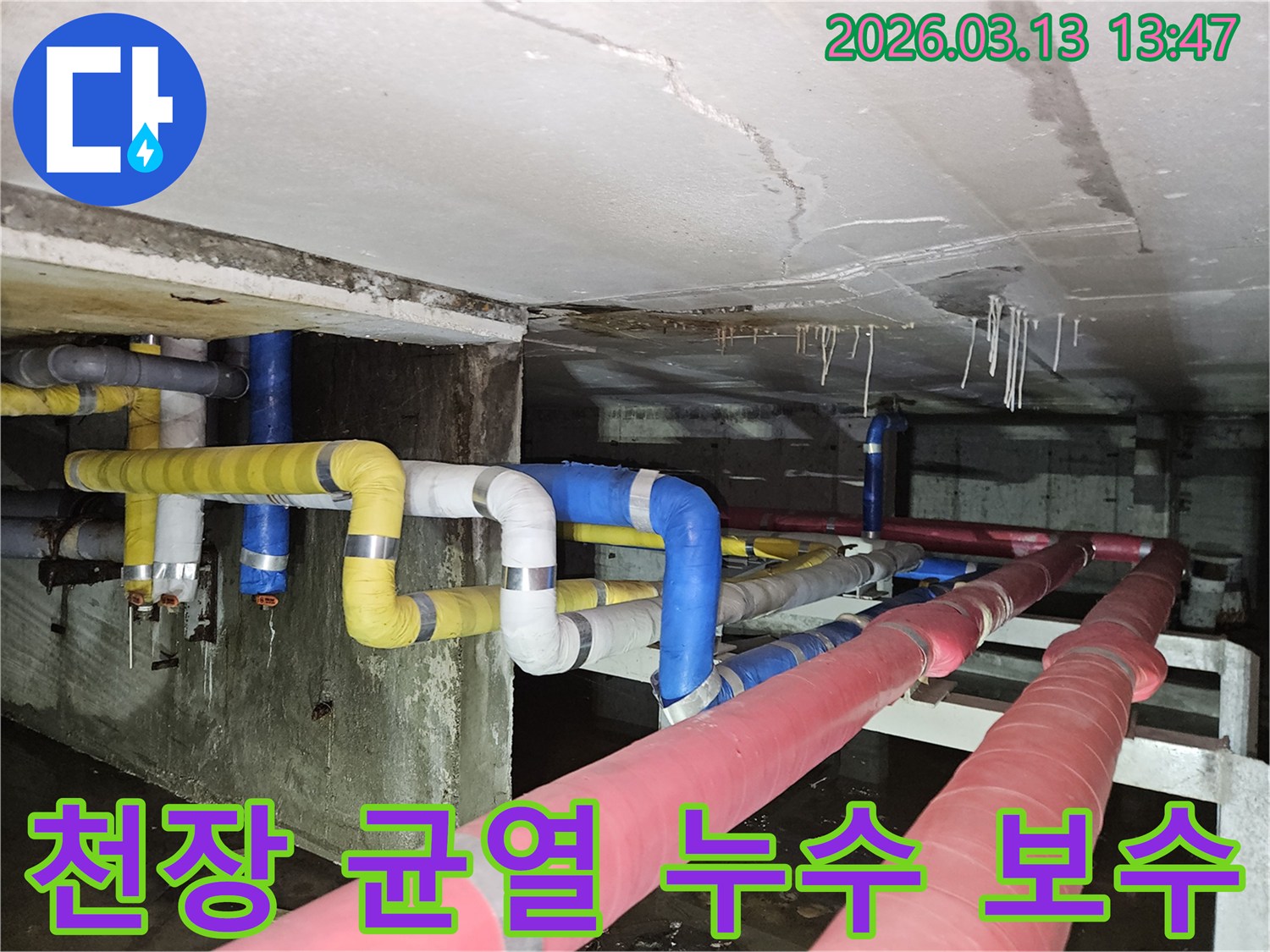 천장 콘크리트에-선명하게 보이는 균열과-그로 인해 발생한-누수 흔적-그리고 석회 침전물이-보이는 현장 사진