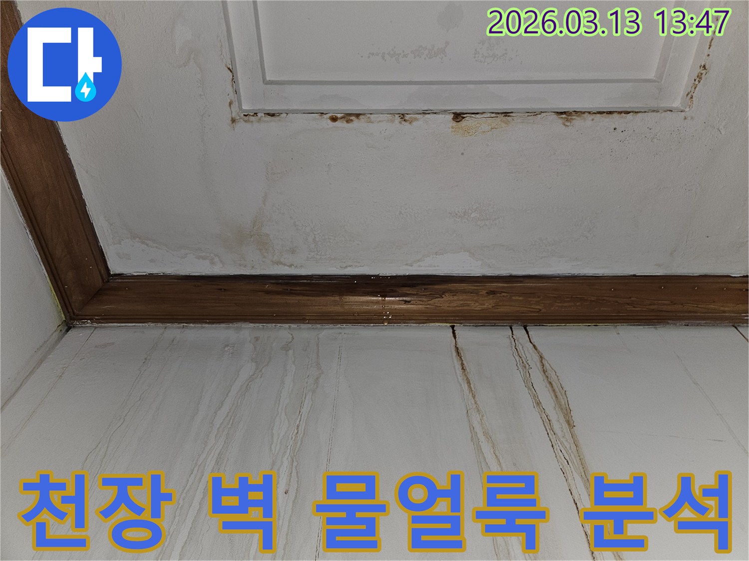 천장과 벽면에 넓게 퍼진-갈색 물얼룩과 변색을 보여주는-아파트 누수 피해 현장