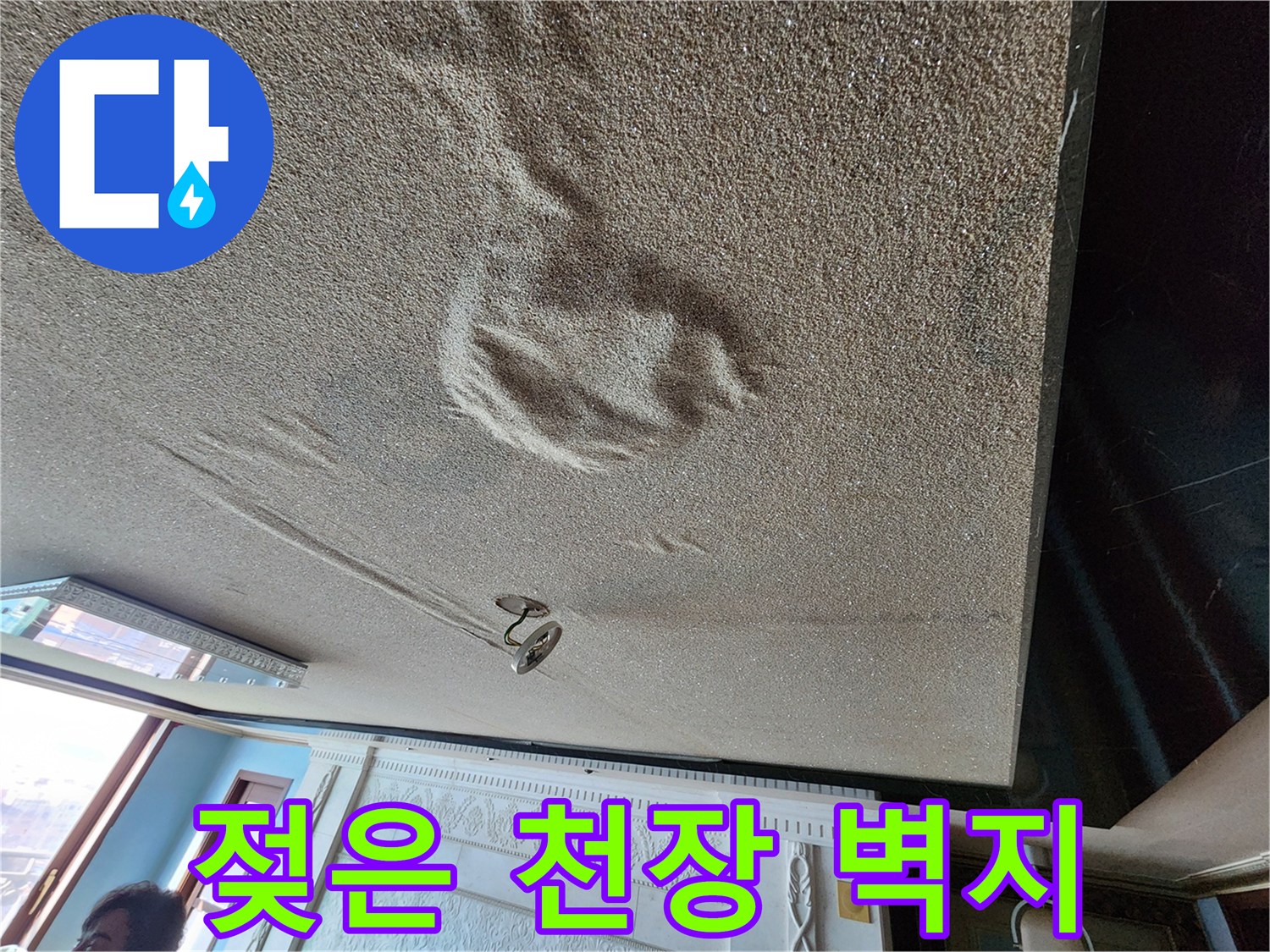 습기로 인해 변색되고 곰팡이가 발생한 거실 천장