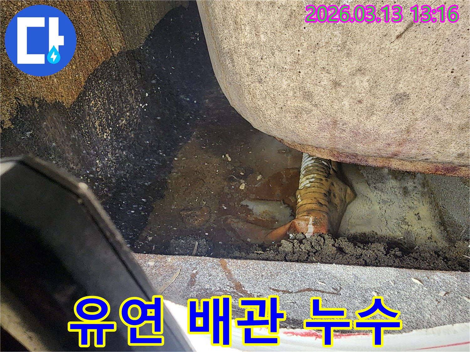 평택-포승읍-누수-현장에서-유연한-배관-주변의-진흙탕과-물고임을-통해-누수를-확인하는-장면