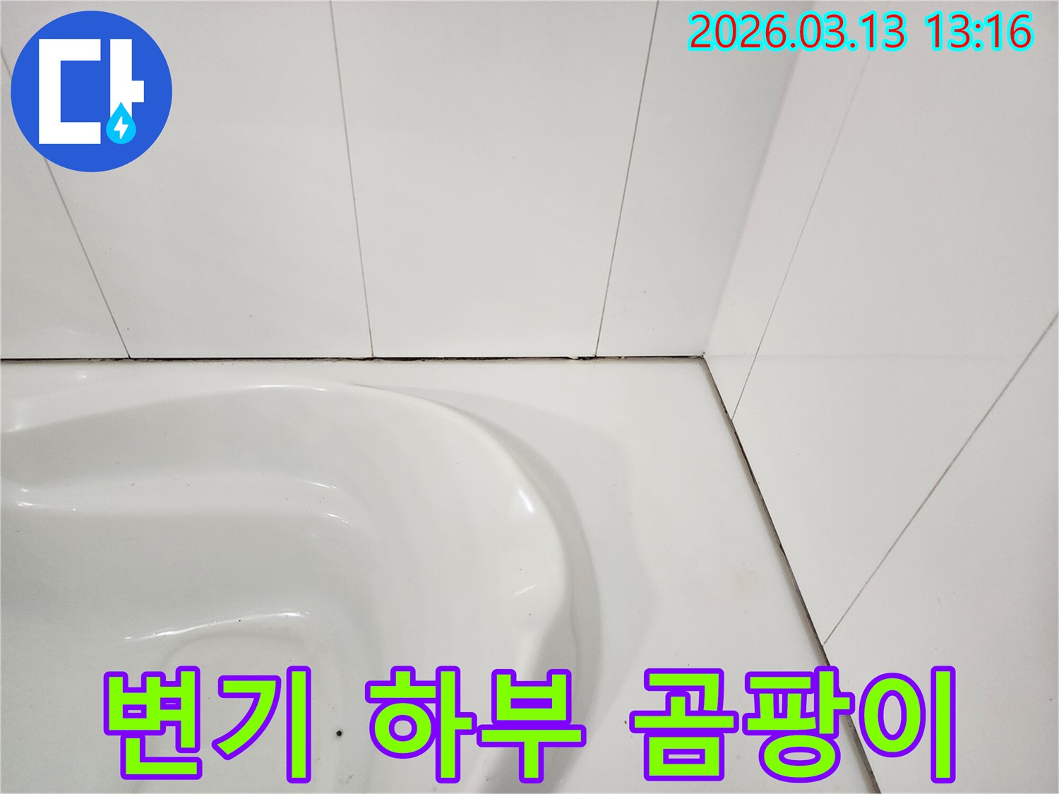화장실 변기 하단과-타일 경계면에-발생한 검은 곰팡이와-오염을 보여주는 사진