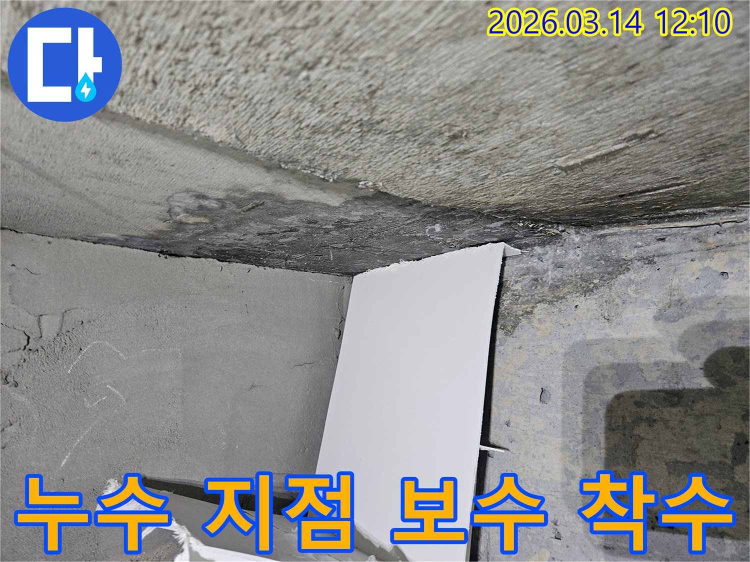 누수 지점을-파악하고-본격적인-보수 공사에-착수하는-현장으로-젖은-콘크리트와-작업 준비가-보입니다