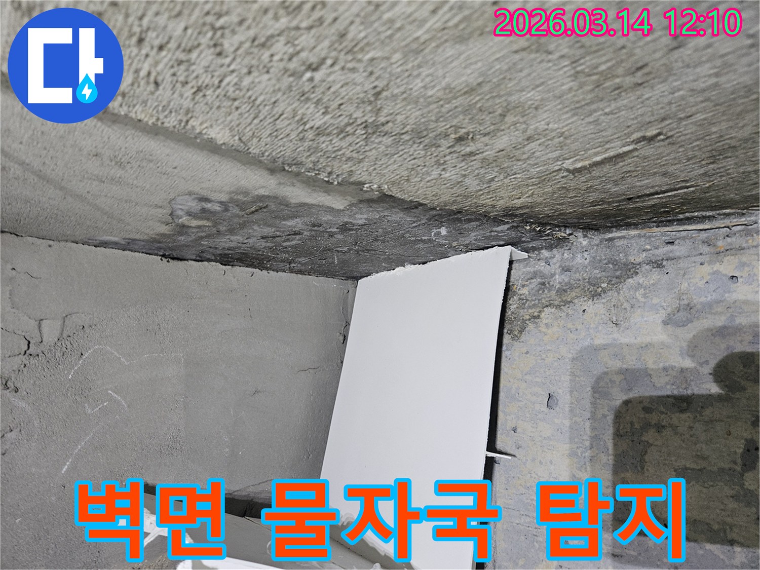 콘크리트 벽면에-선명하게-남은-물자국과-젖은-천장-모서리를-보여주는-누수 탐지-현장