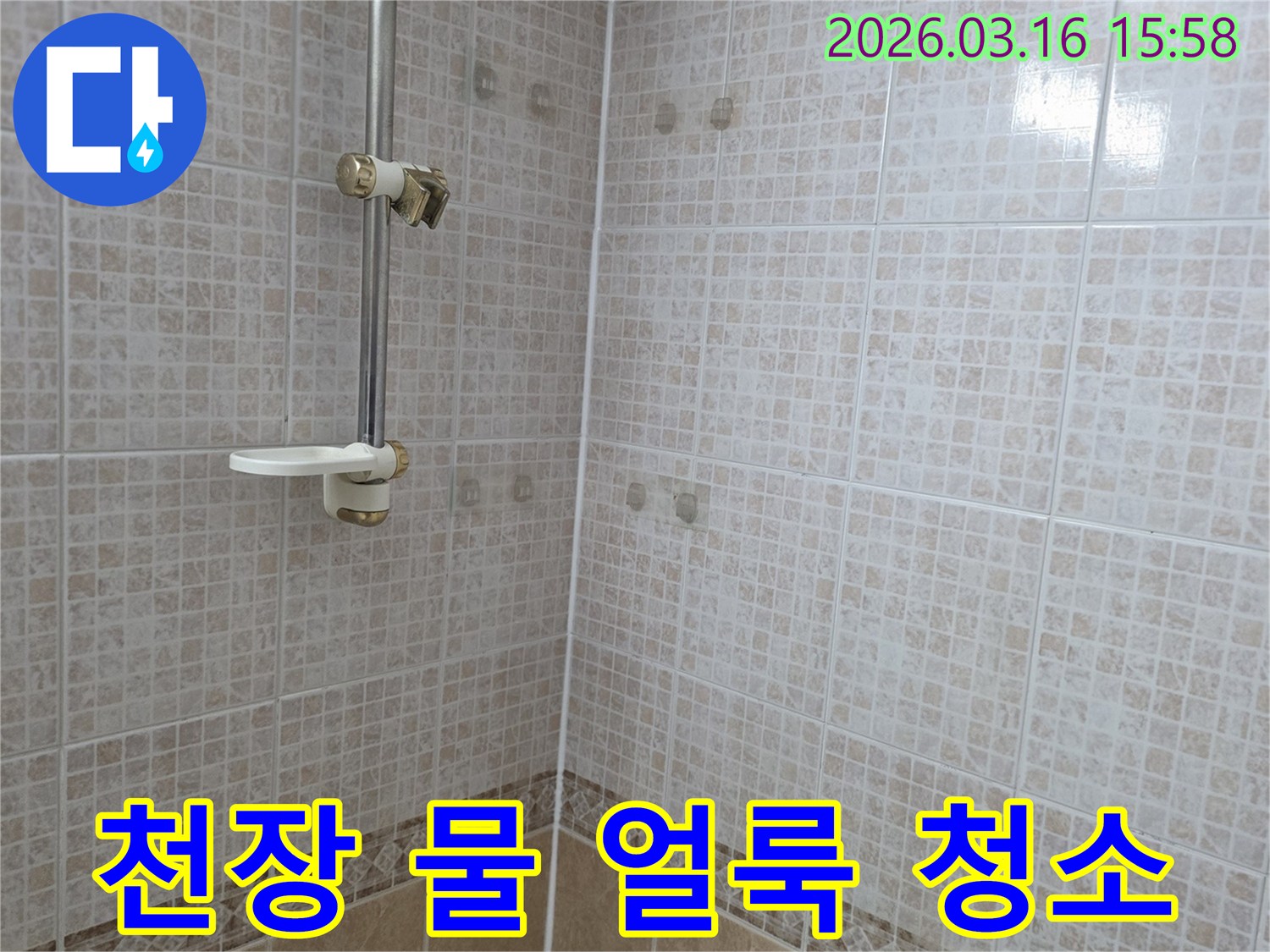욕실 천장 타일에 누수로 생긴 물 얼룩을-누수 전문가가 제거 및 청소하기 전 기록한 사진