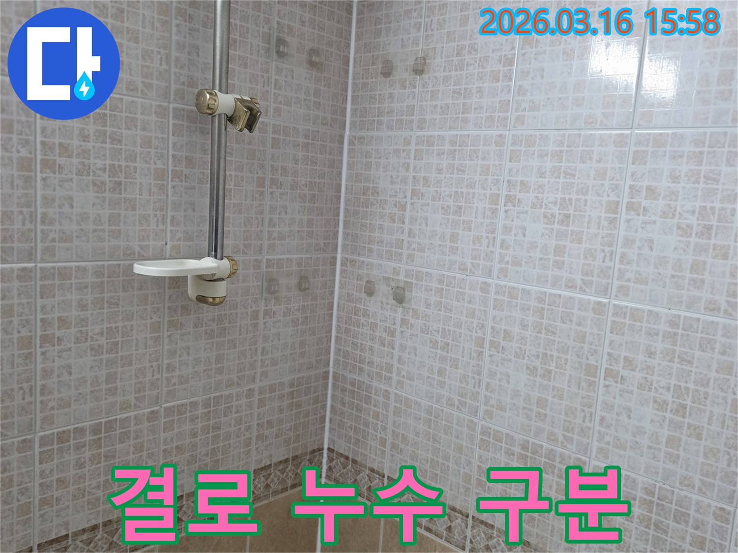 욕실 천장 타일에 물이 새어 생긴 얼룩을-결로 현상과 누수를 구분하여 진단하는 모습