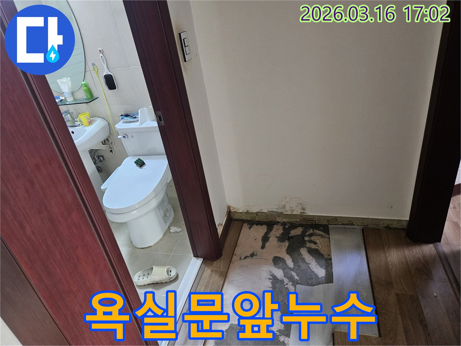 화성 병점 지역-아파트 욕실 누수-현장에서-발견된-바닥 손상과-벽면 곰팡이의-모습