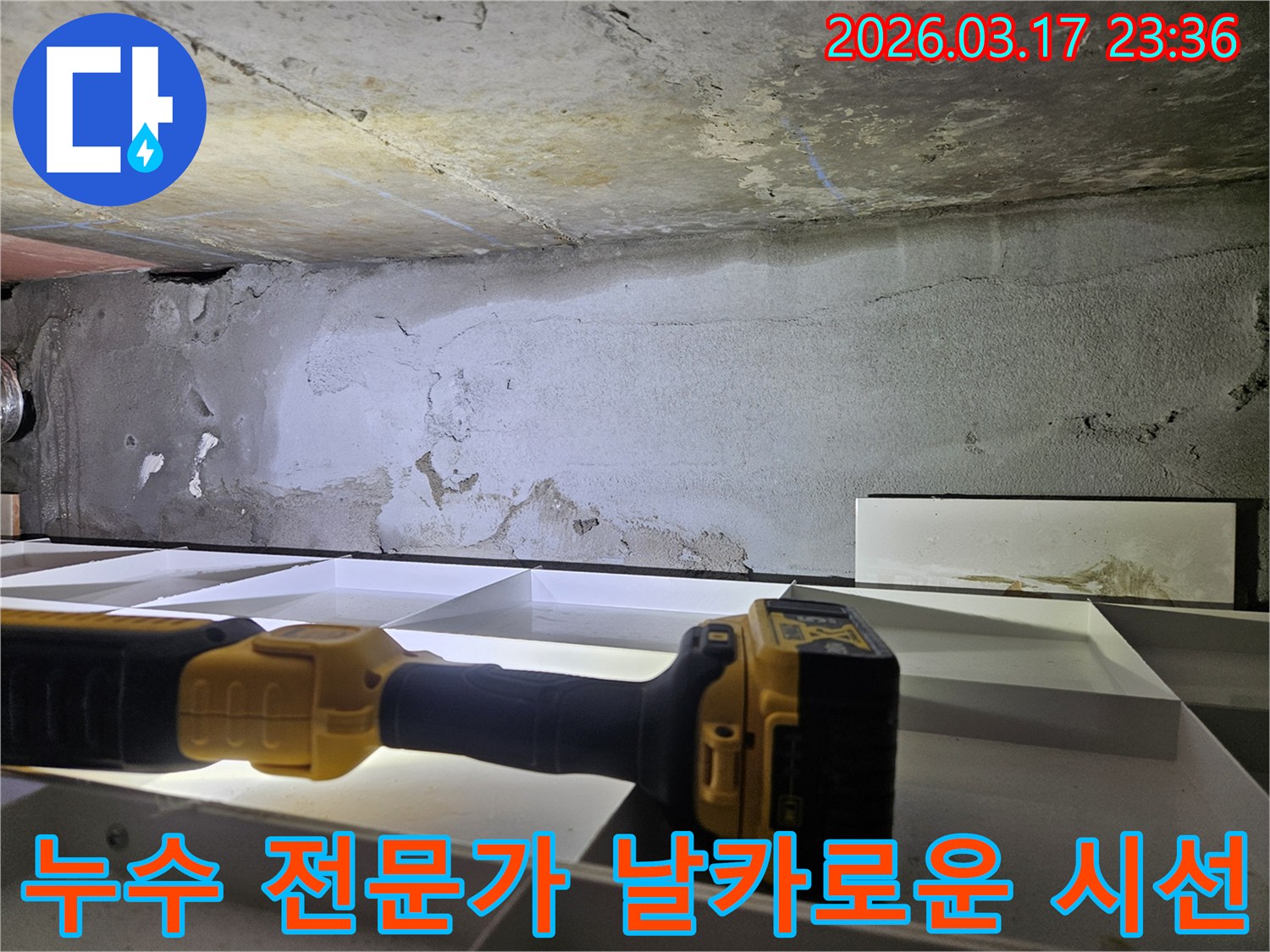 누수 전문 엔지니어가-천장 누수 현장에서-플래시를 이용해-세밀한 육안 검사를 진행하며-누수의 단서를 찾고 있습니다.