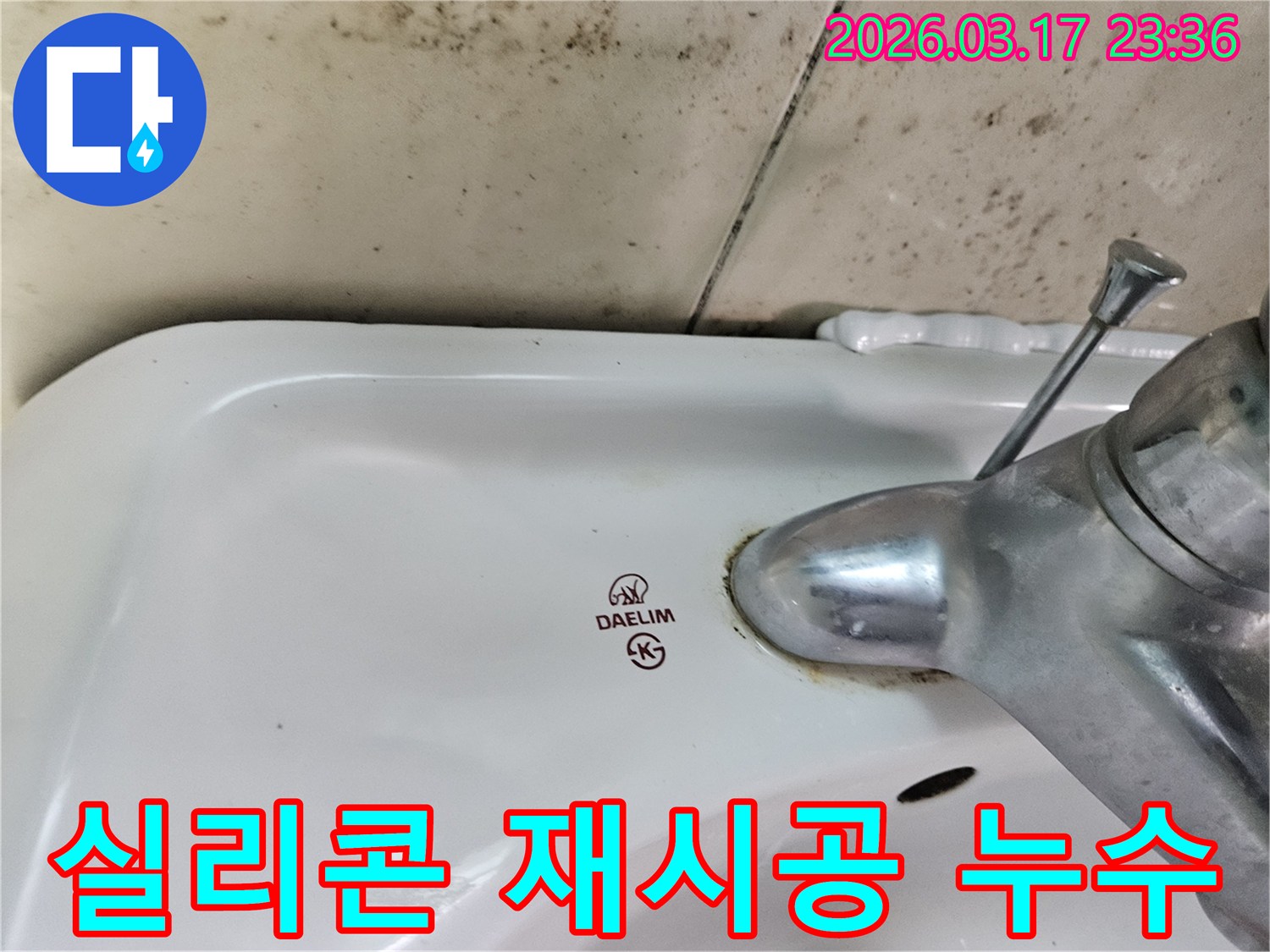 대림 세면대 뒤편 벽에- 심하게 번식한 곰팡이와- 수도꼭지 하단의- 녹슨 흔적을 보여주는 사진입니다