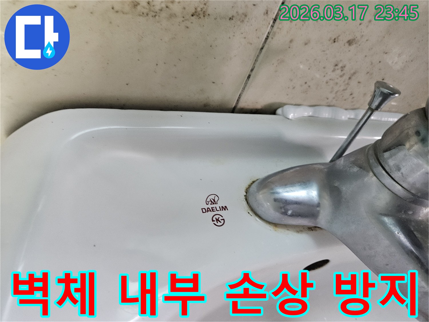 대림 세면대 수도꼭지 주변의 물때와-벽면에 넓게 번진 검은 곰팡이가-누수로 인한 벽체 내부 손상 방지가 필요한 현장을 보여줍니다.