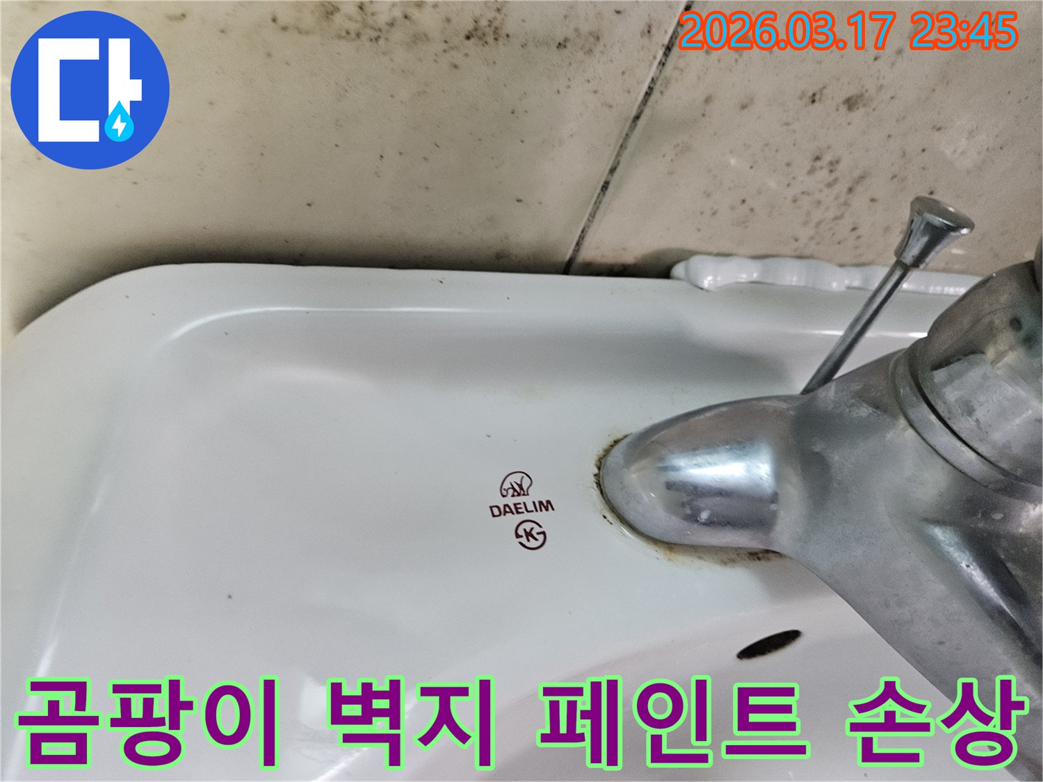대림 세면대 수도꼭지 주변의 물때와-벽면에 번진 검은 곰팡이가-누수로 인한 벽지 및 페인트 손상을 암시하는 사진입니다.