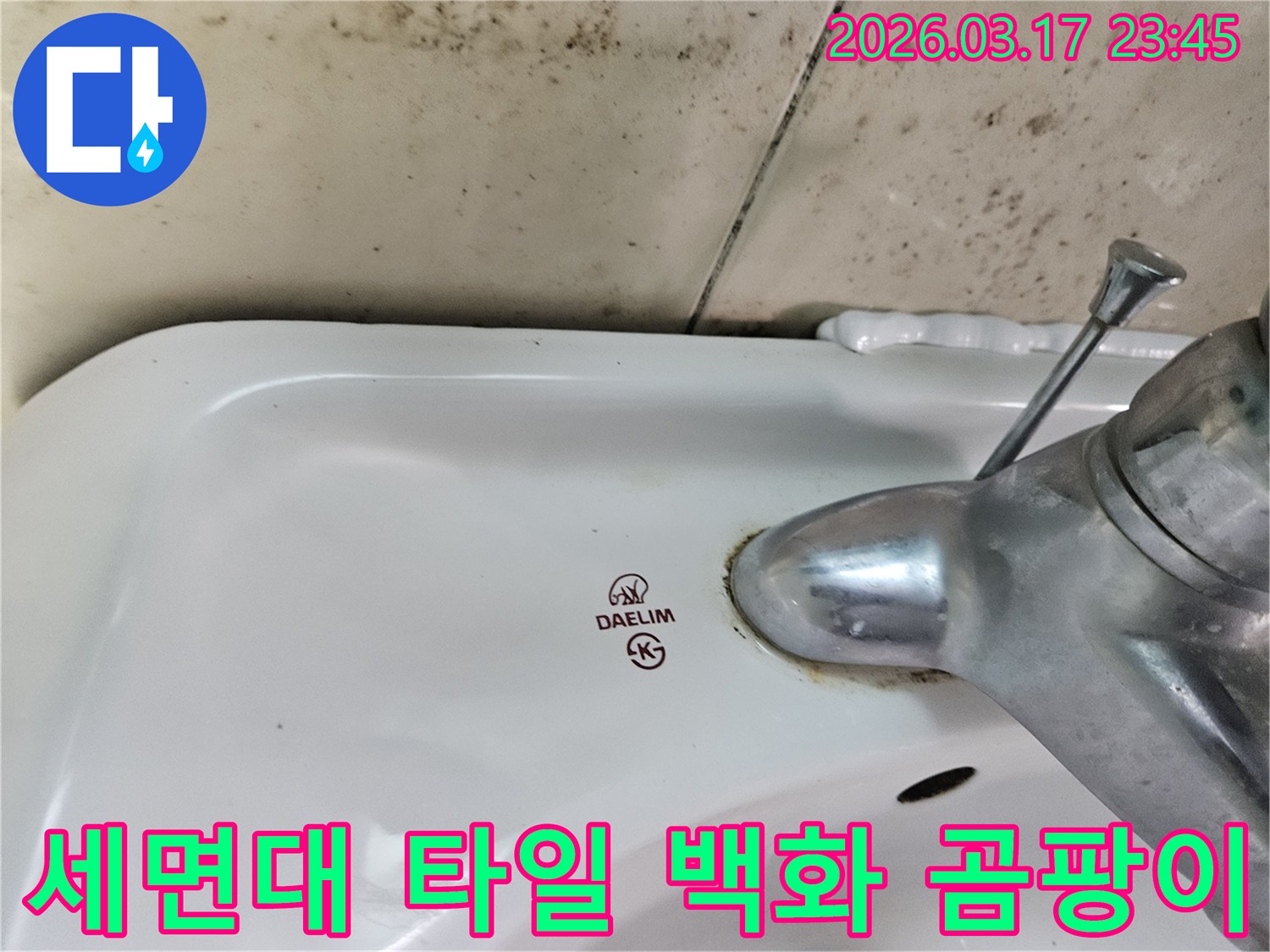 대림 세면대와 수도꼭지 주변의 곰팡이와-타일의 백화-그리고 변색이 누수 문제의 심각성을 보여주는 사진입니다.