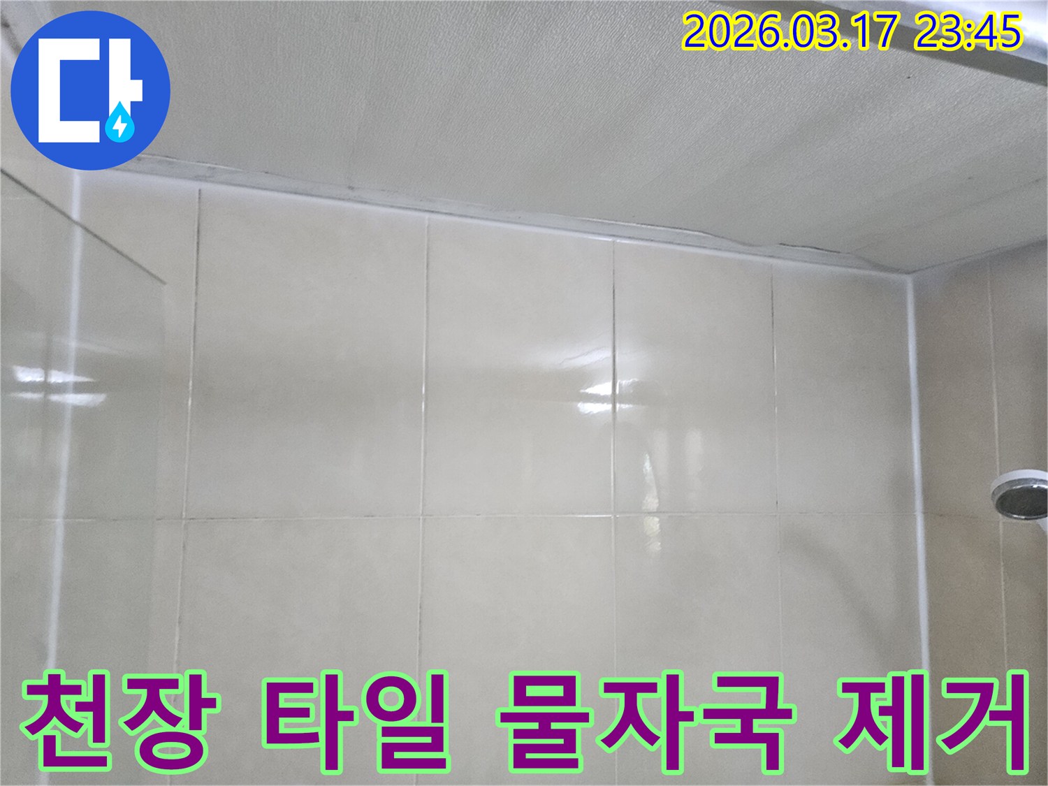 베란다-누수-현장에서-천장과-타일-벽면의-경계에-발생한-물자국을-확인하고-제거-작업을-준비하는-모습입니다
