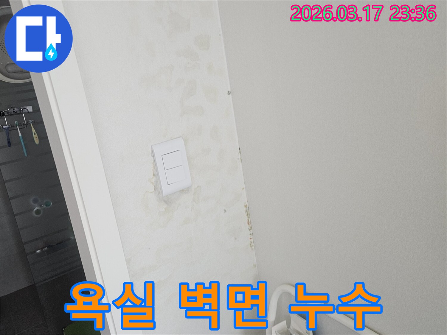스위치-인접-욕실-벽면에서-발생한-누수를-탐지하고-습기-확산을-방지하기-위한-모습입니다.
