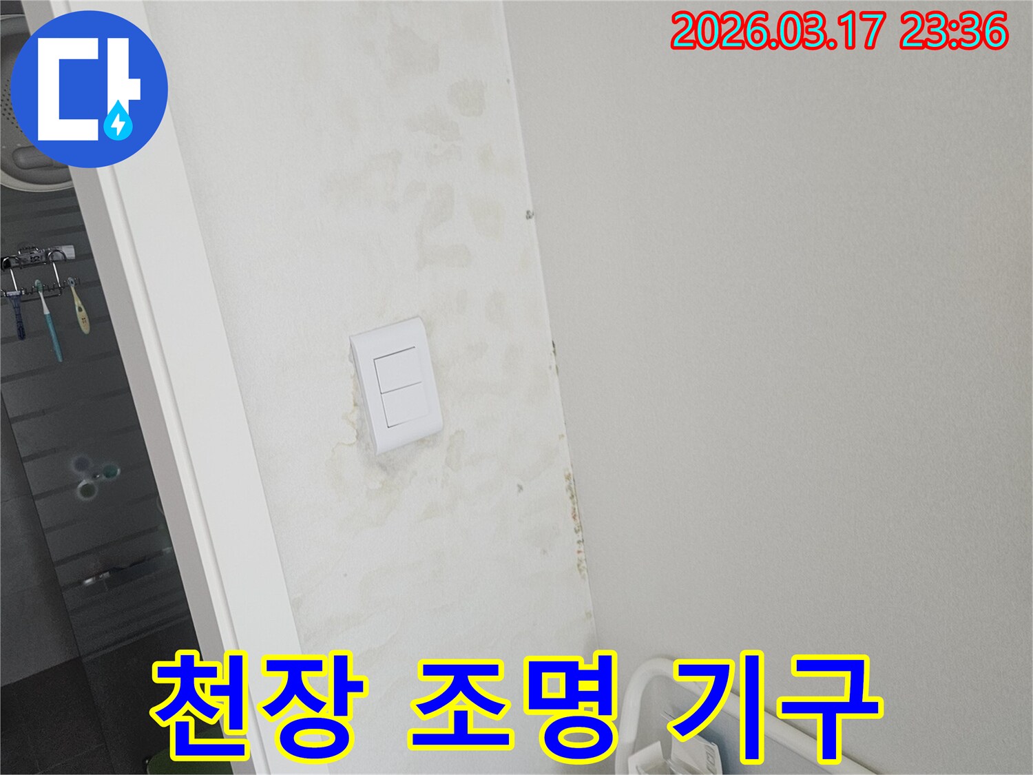스위치-주변-벽면의-젖음이-천장-조명-기구-누수로-인한-것인지-확인하고-전기-안전을-확보하는-모습입니다.
