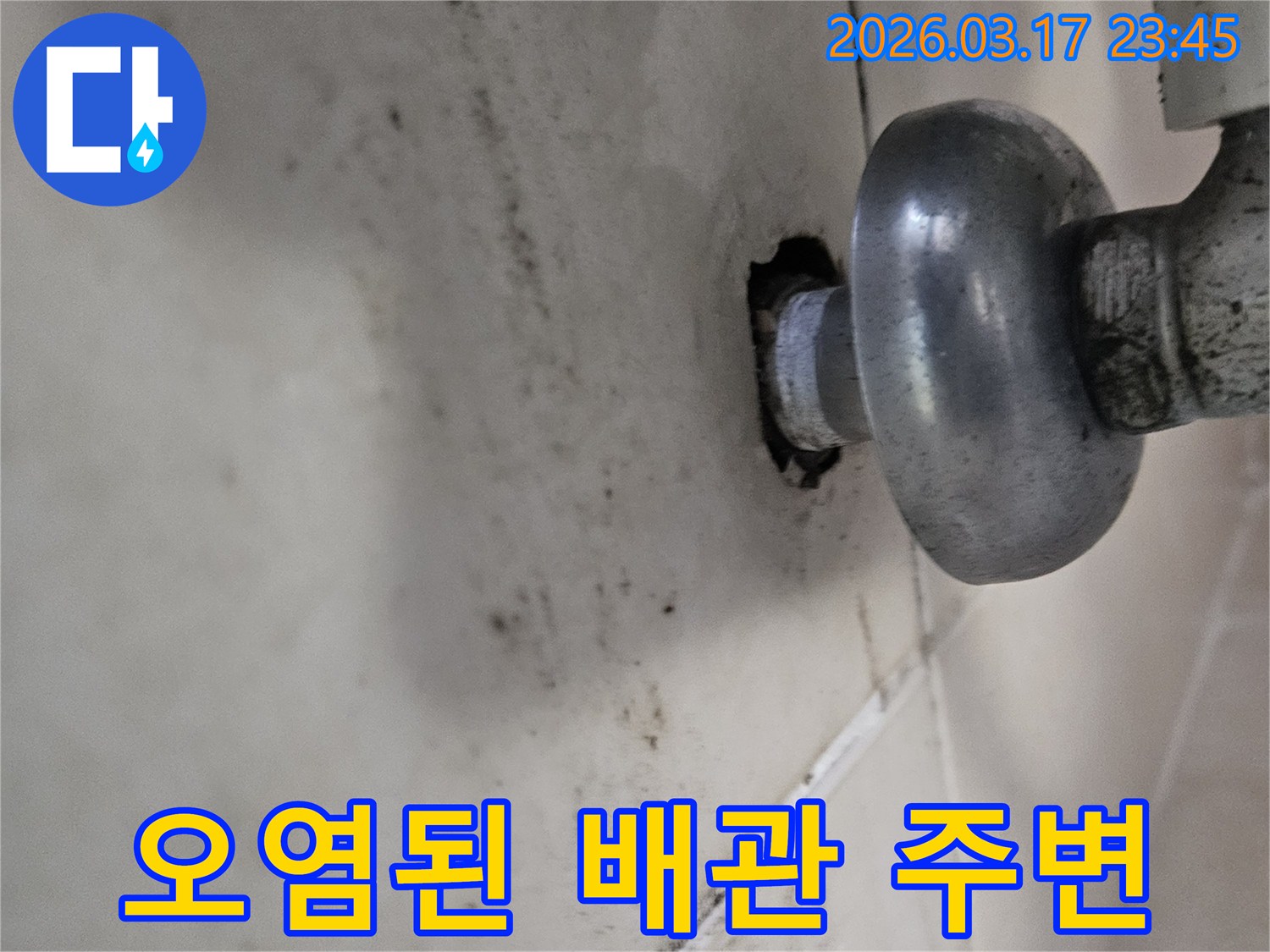 오래된 배관 주변에서 물이 새어-천장 타일이 오염된 모습입니다