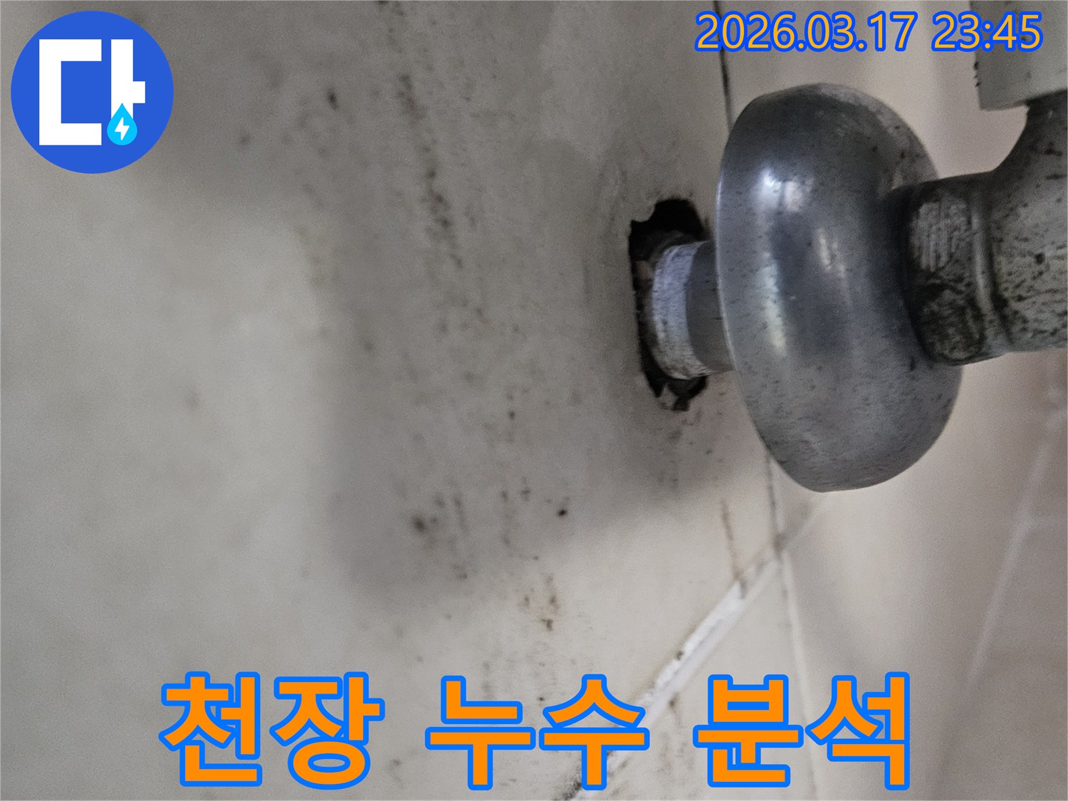 이 사진은 천장 배관 주변의 누수로 인해-곰팡이와 물때가 심하게 생긴 모습을 보여줍니다