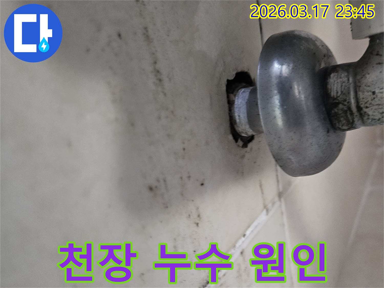 이 사진은 천장 배관 주변의 누수로 인해-곰팡이와 물때가 심하게 생긴 모습을 보여줍니다