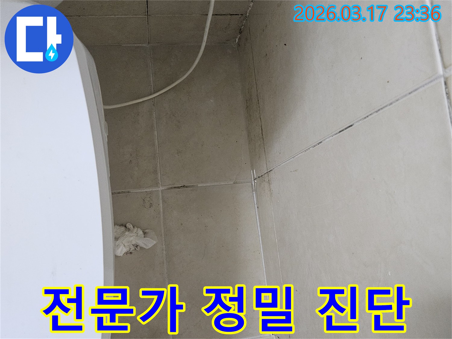 이-이미지는-천장과-벽면의-오염과-곰팡이를-보여주며-이는-전문가의-정밀-진단이-누수-원인-파악과-해결에-필수적임을-강조합니다