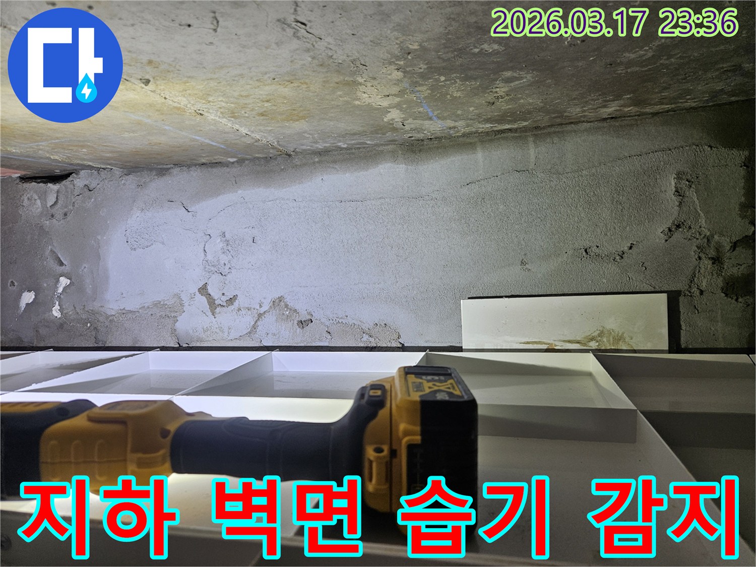 전문 엔지니어가-지하 공간의 벽면에서 발견된-초기 습기 징후를-정밀 탐지 장비로 확인하고 있습니다.