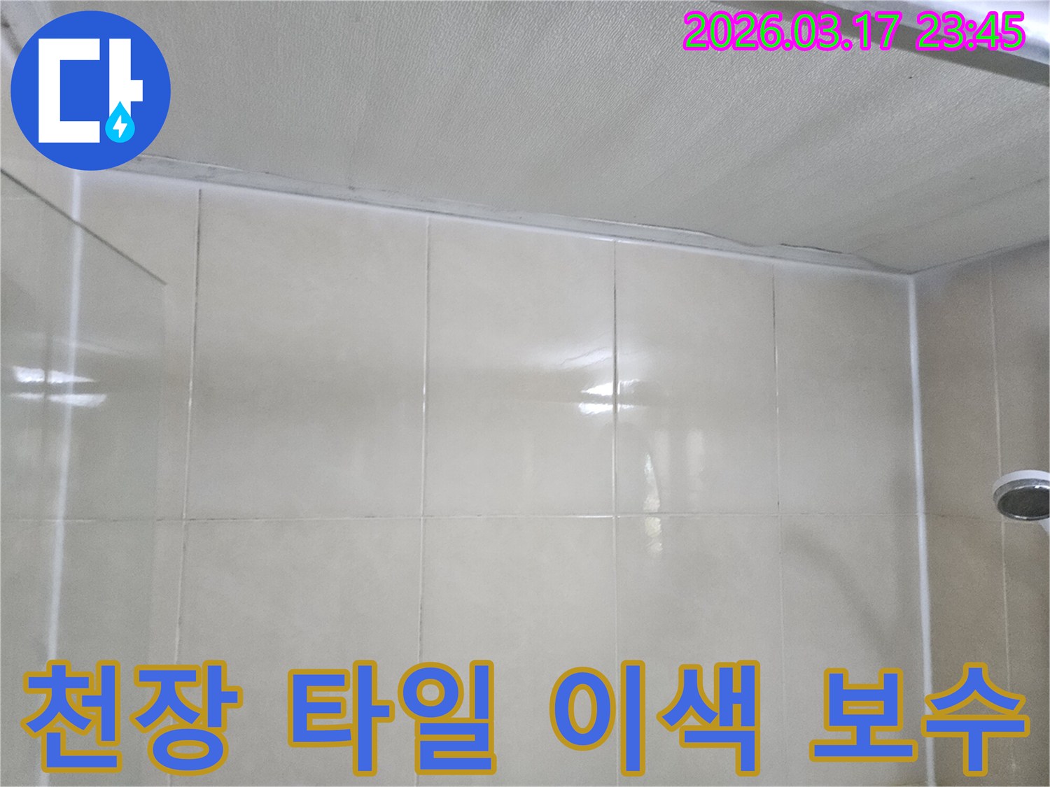 주택-누수-현장에서-천장과-타일-벽면의-이색-현상을-확인하고-보수-계획을-세우는-모습입니다