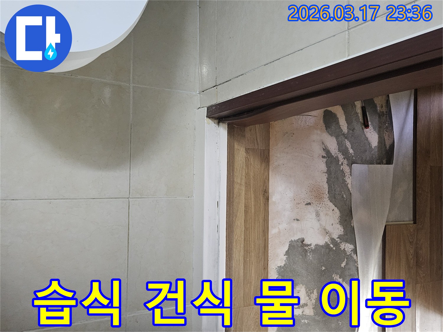 주택 바닥재를-제거한 후 노출된-콘크리트의 습기가-습식 공간에서-건식 공간으로-이동한 흔적을-확인하는 모습