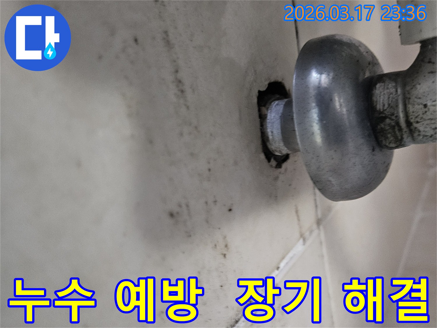천장-배관에서-발생한-누수로-인해-오염된-벽면과-예방까지-고려한-장기적인-해결이-필요한-배관-모습